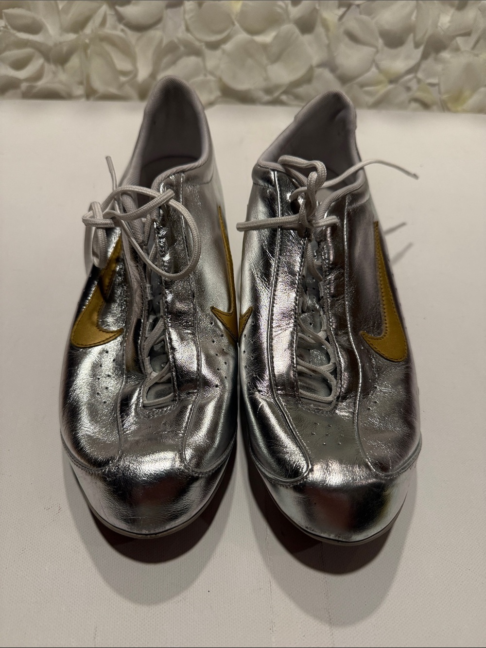 Nike Silver Sneakers with Gold Swoosh Lace-Up